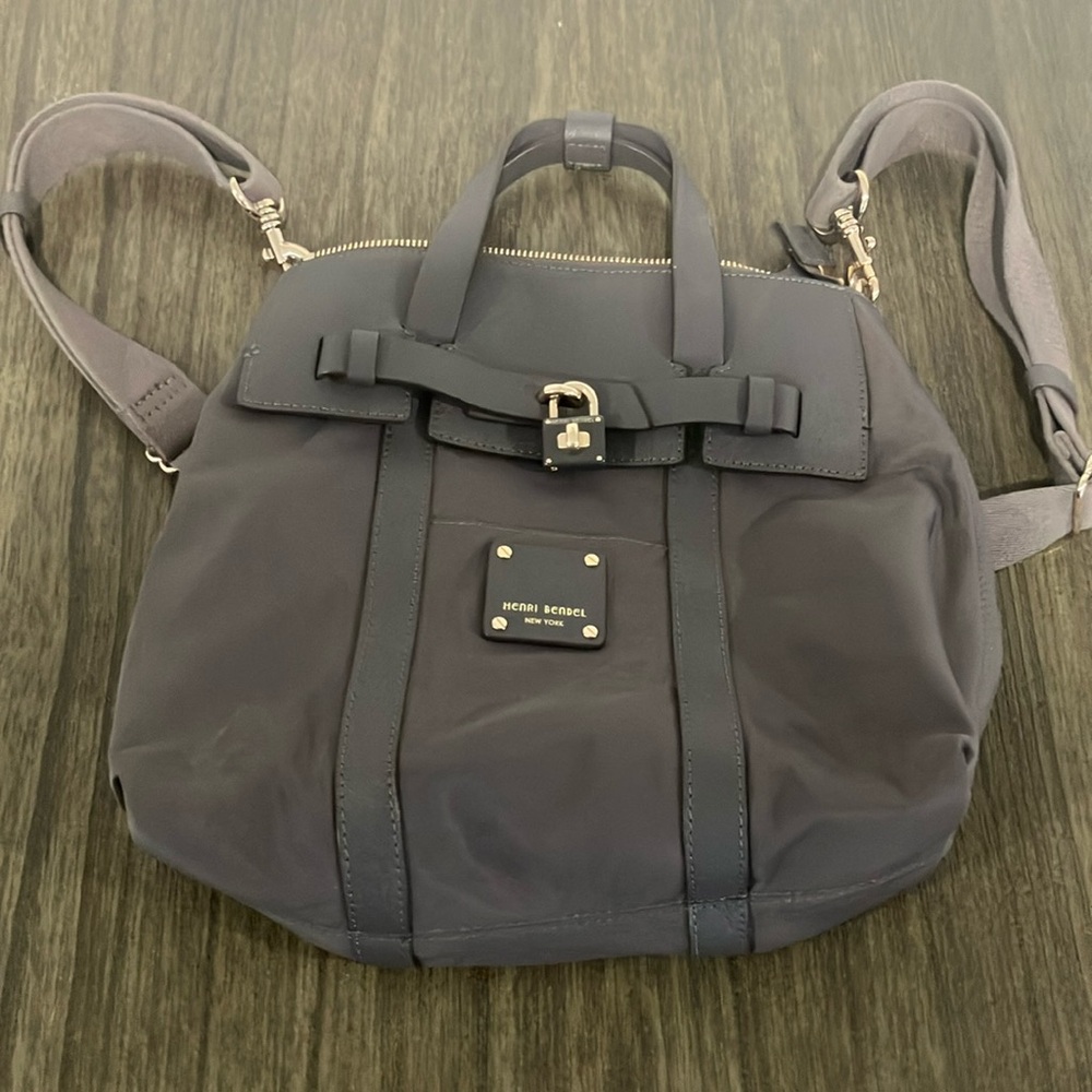 henri bendel gray nylon backpack tote with gold hardware